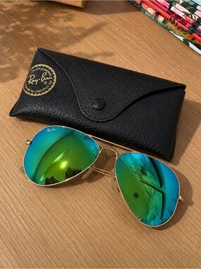 Ray-Ban Gold Aviator Sunglasses with Green and Blue Mirrored Lenses